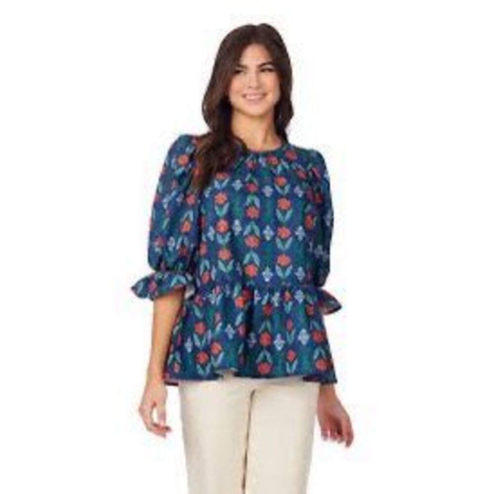 Mudpie Womens M Pierce Flounce Top Blue Statement Elbow Sleeve Floral Peplum New